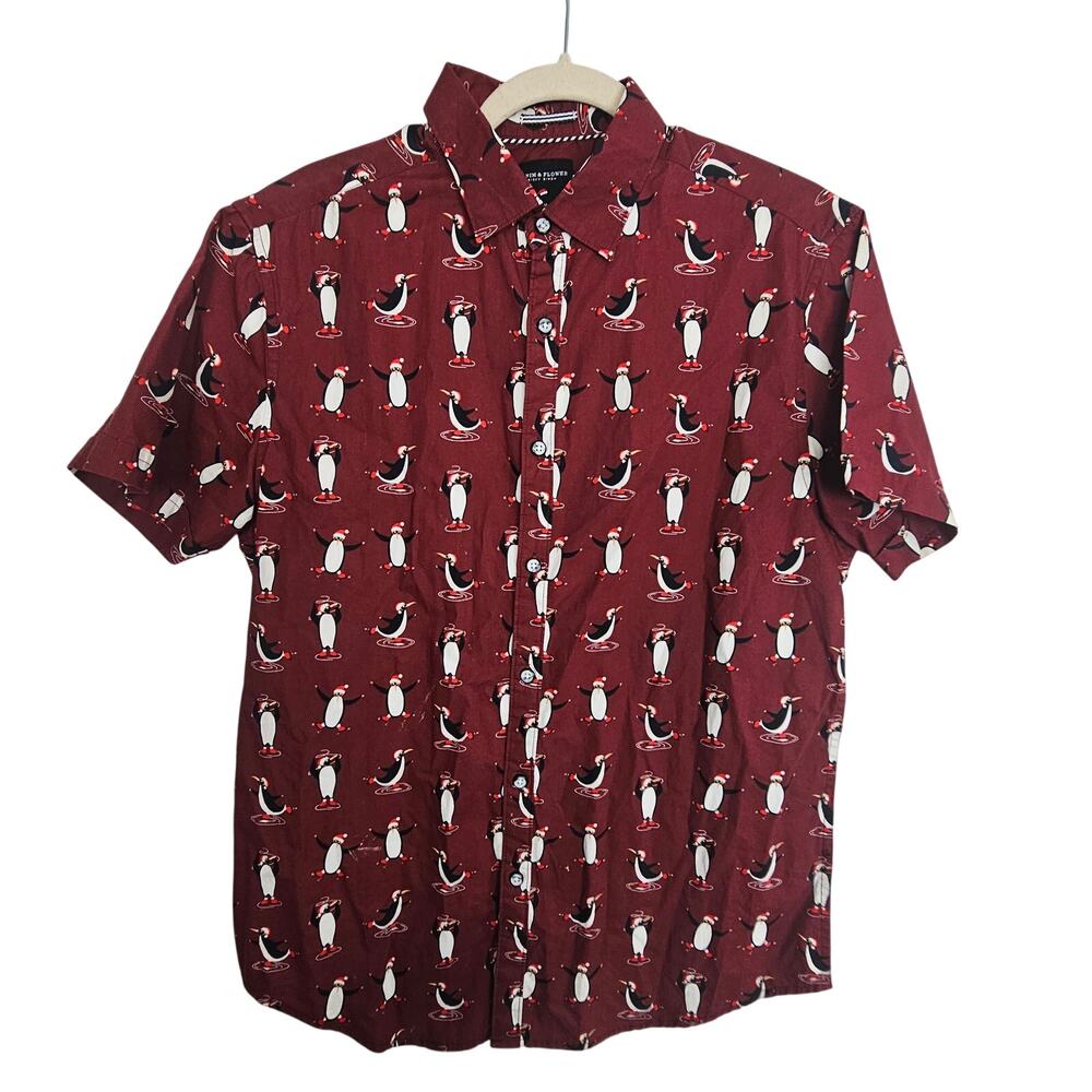 Denim & Flower Ricky Singh Button Front Red Penguin Shirt Short Sleeve Men M